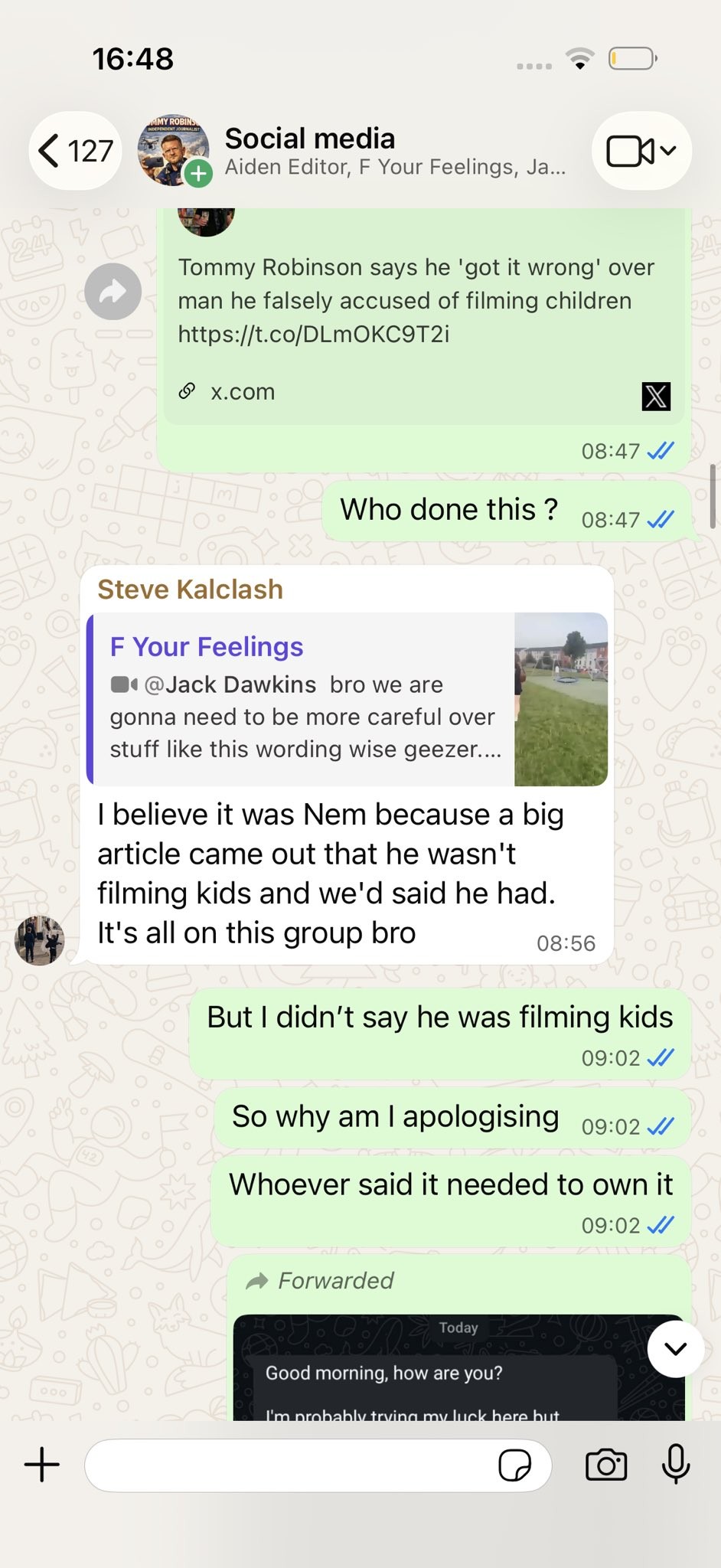 Robinson posted screenshots from a WhatsApp group