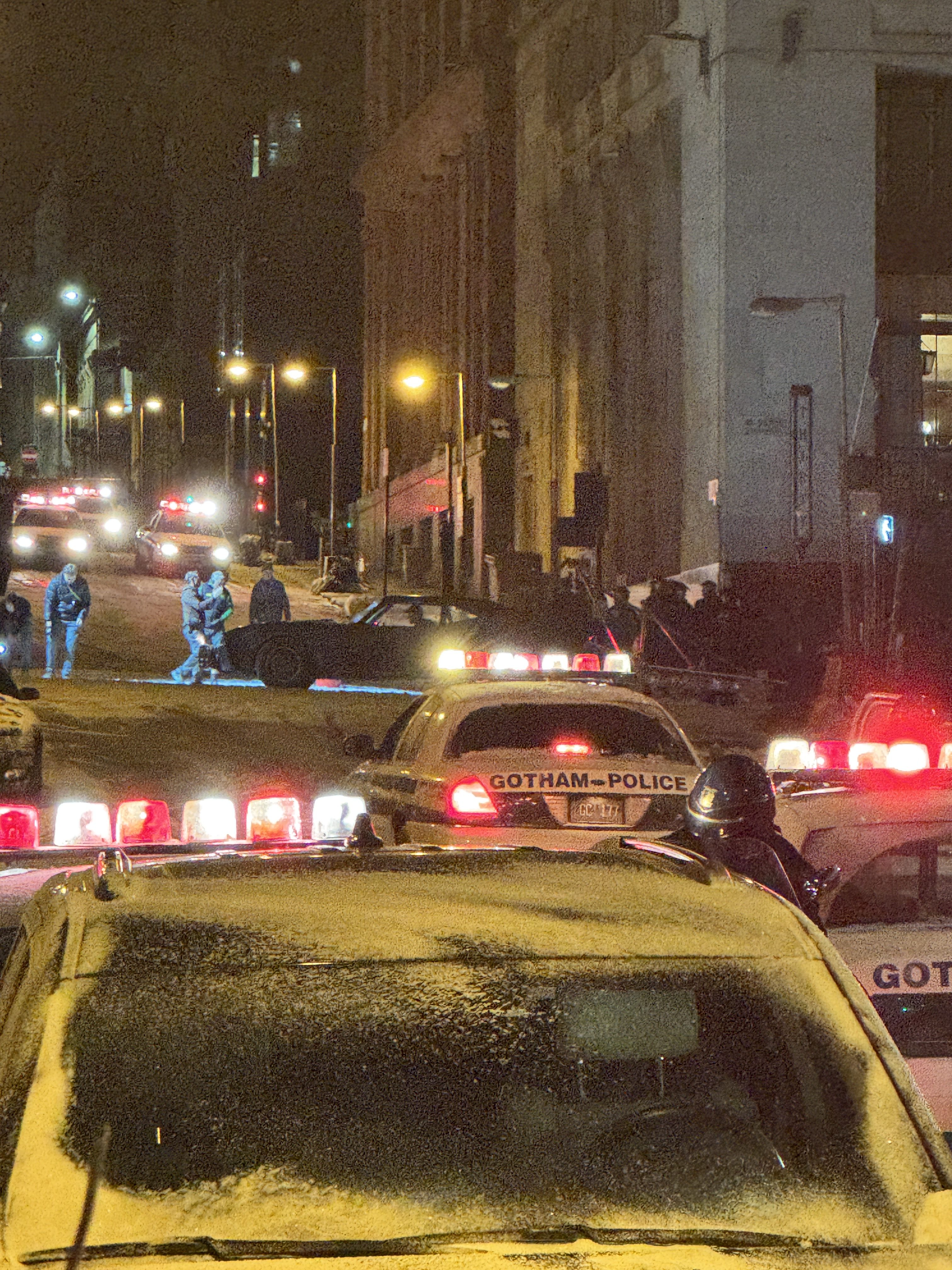 The Batmobile tries to evade police in a scene shot in Glasgow.