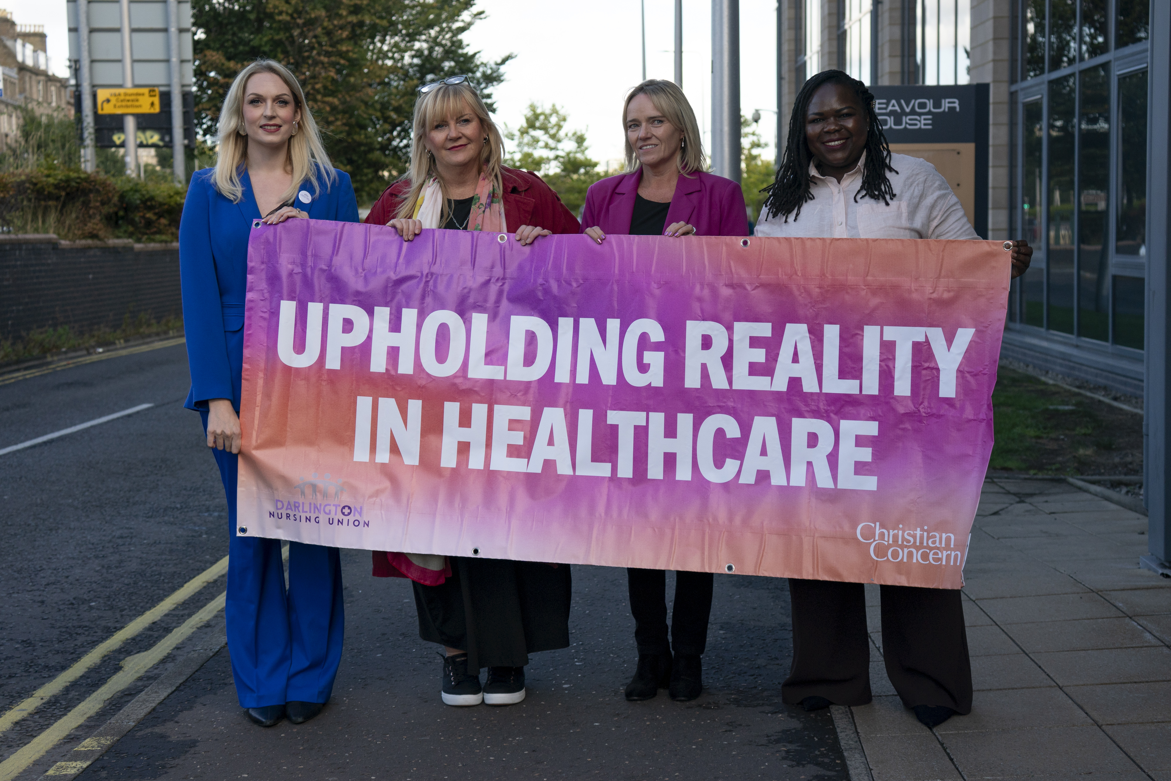 Bethany Hutchison, Lucy Lockey, Bethany Hutchison, Sandie Peggie and Jennifer Melle outside the employment tribunal case in Dundee