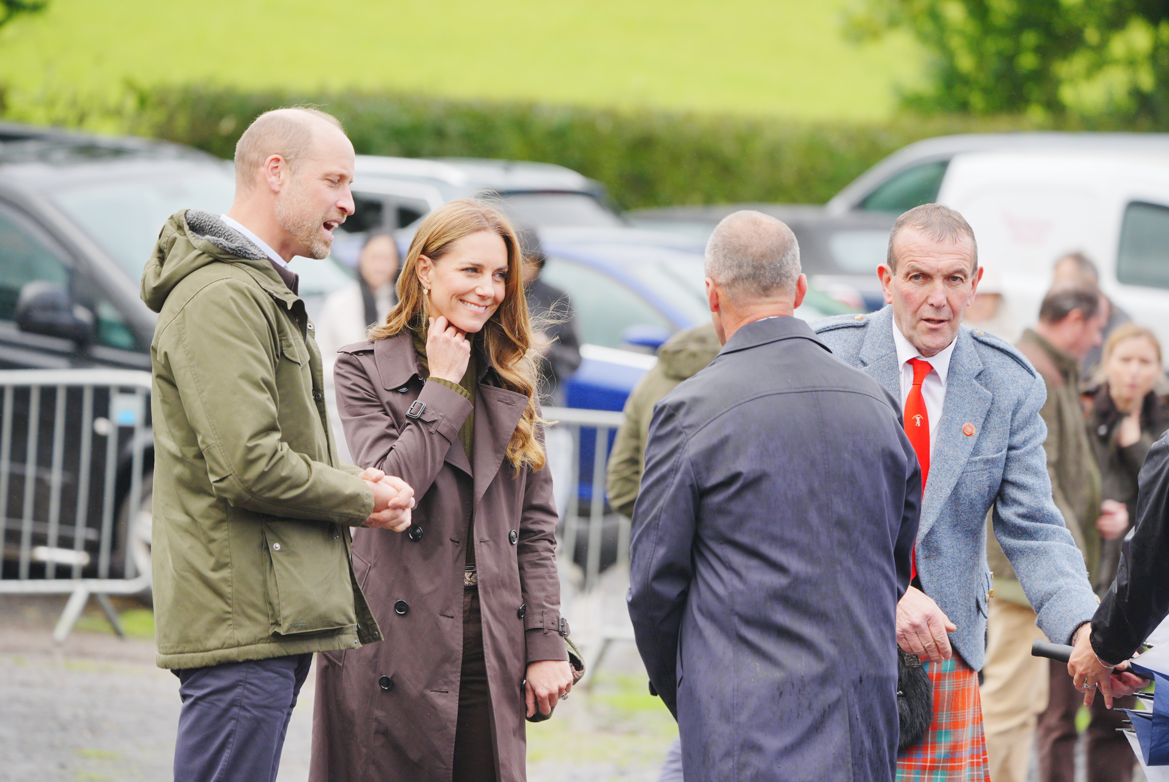 The Prince and Princess of Wales (known as Duke and Duchess of Rothesay when in Scotland) arrive for a visit to the Bute Shinty Club, in Rothesay