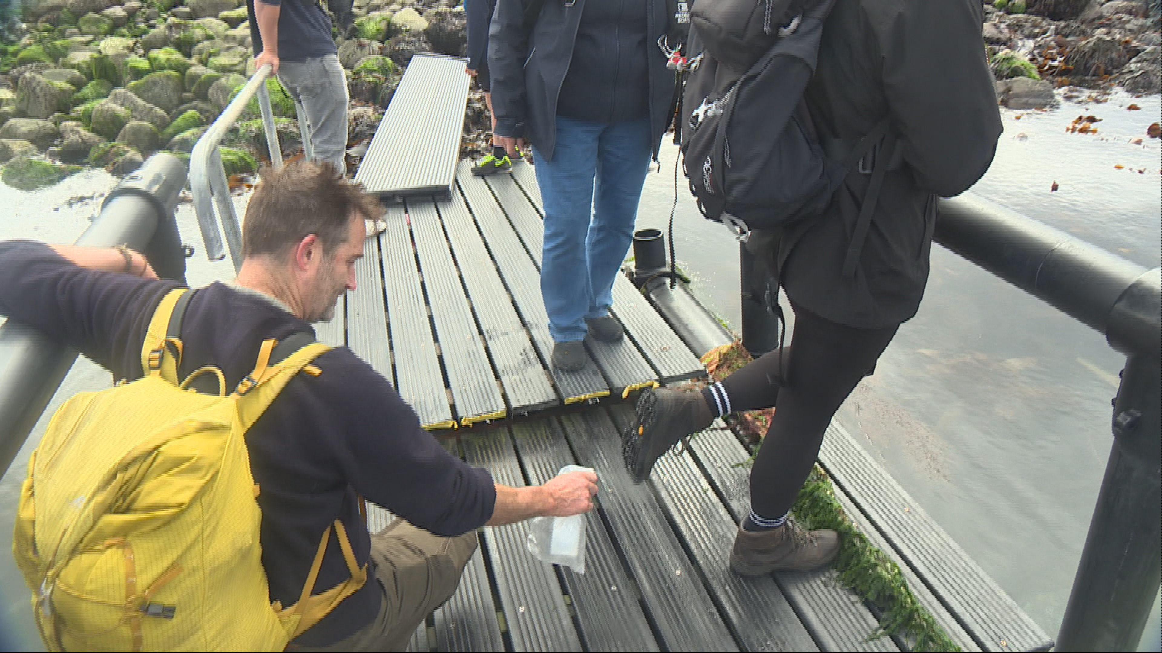 Visitors spraying their boots