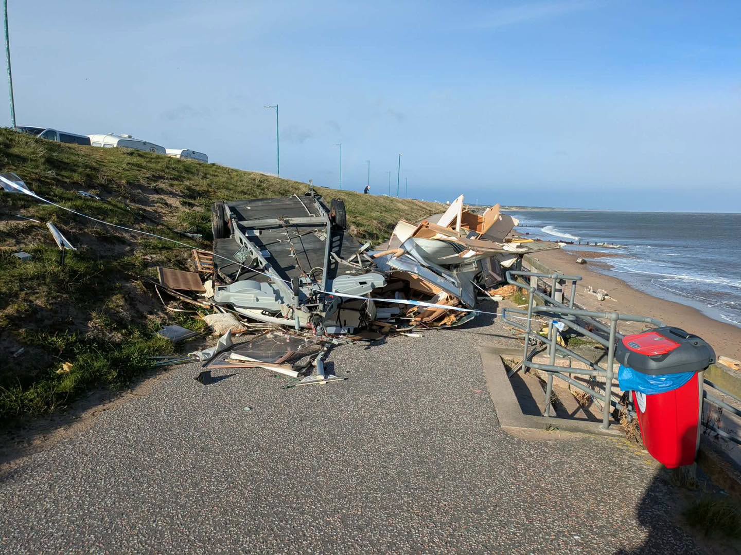 A destroyed caravan down onto Aberdeen Beach.