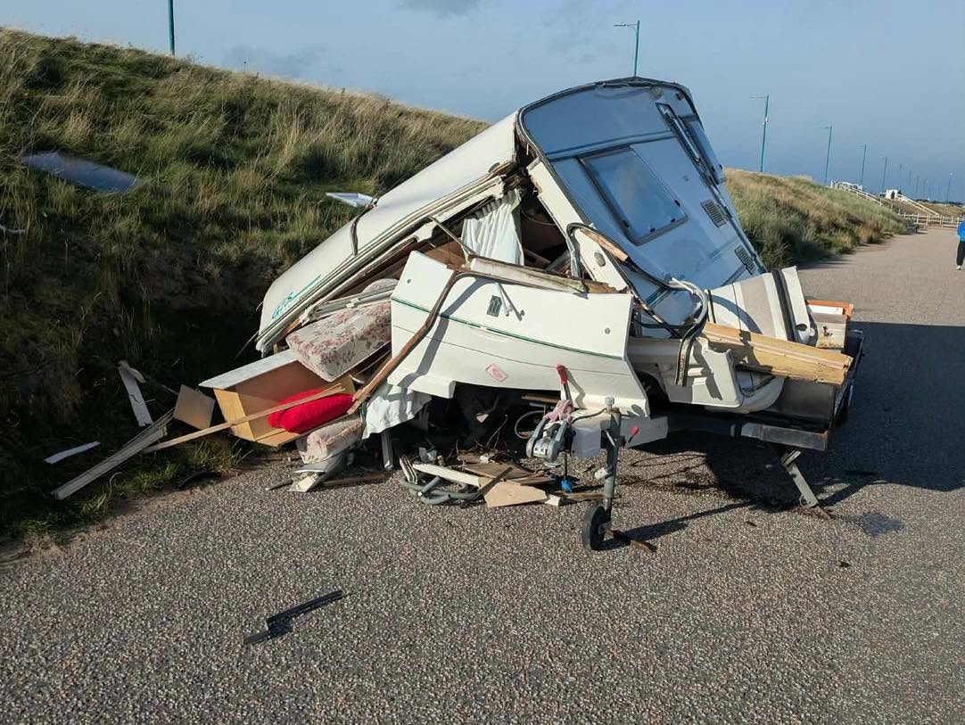 Caravan blown down onto Aberdeen Beach by Storm Boelo.