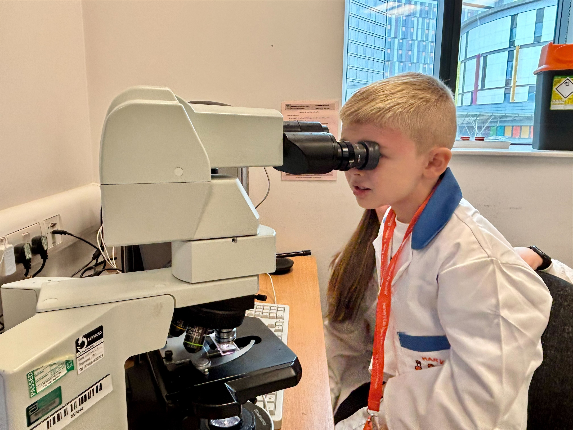 Matthew looks into a microscope