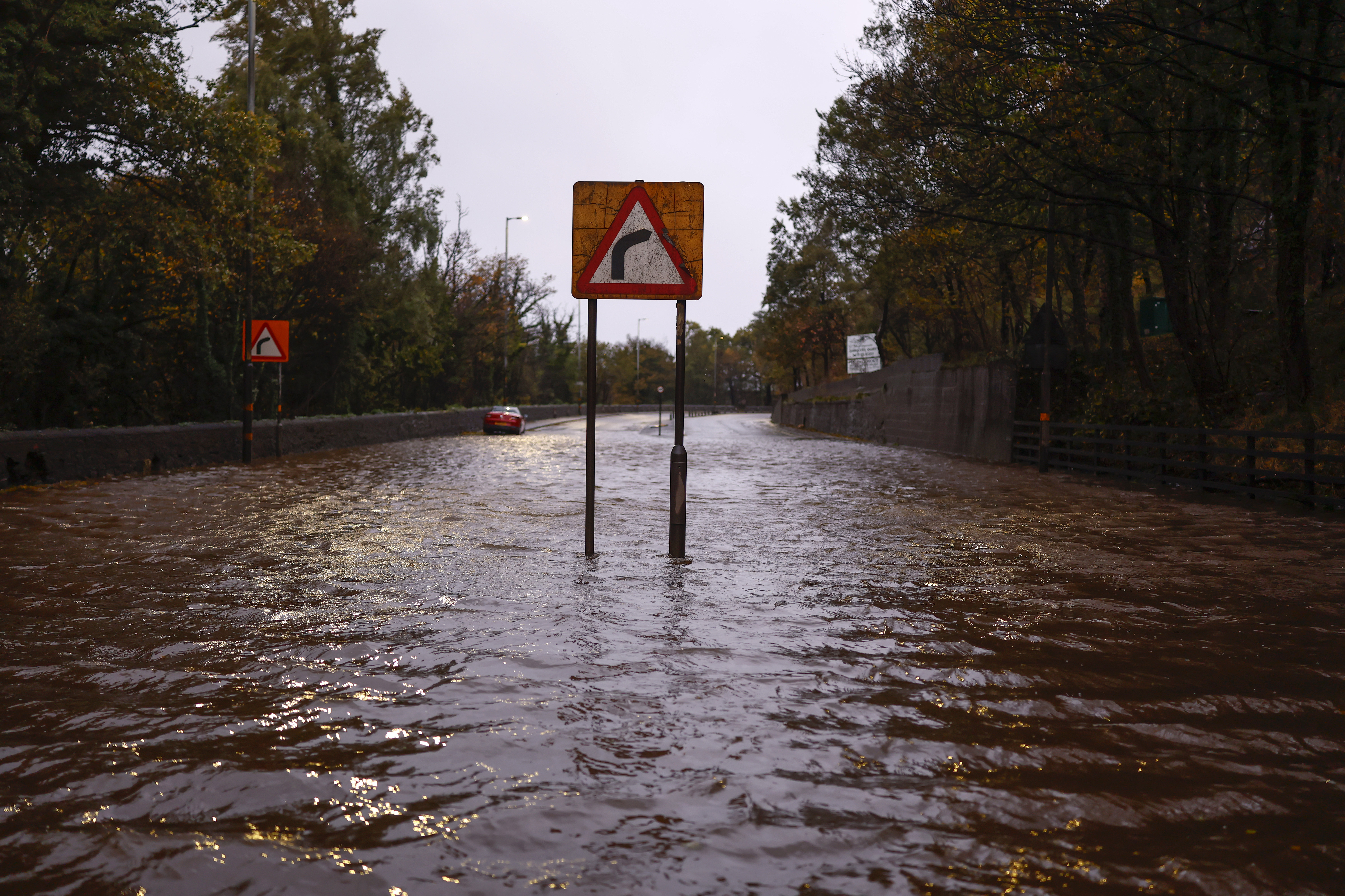 The A82 was blocked at Dumbuck Quarry due to flooding on October 25, 2026, in Dumbarton.
