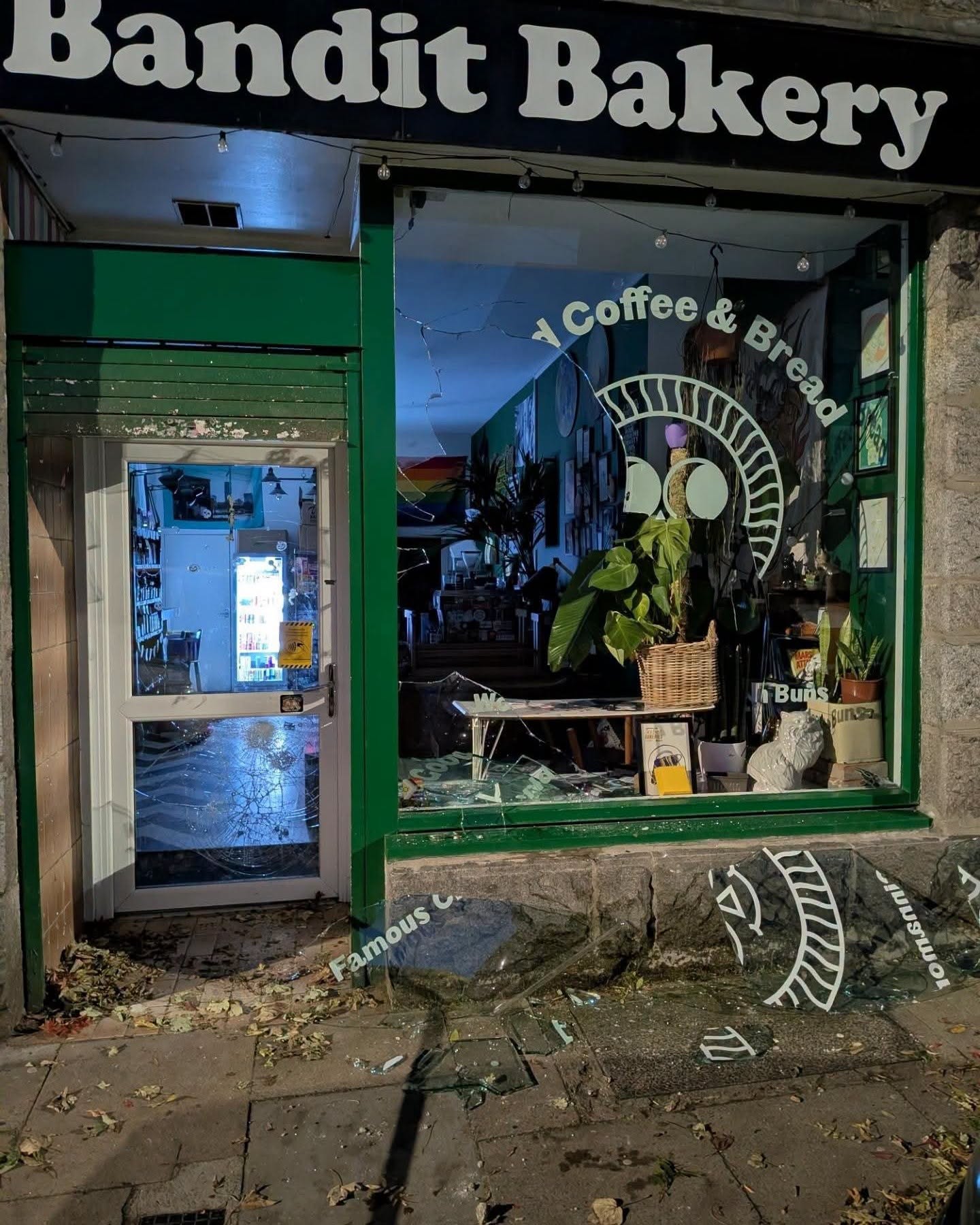 The store window was smashed during the break-in.
