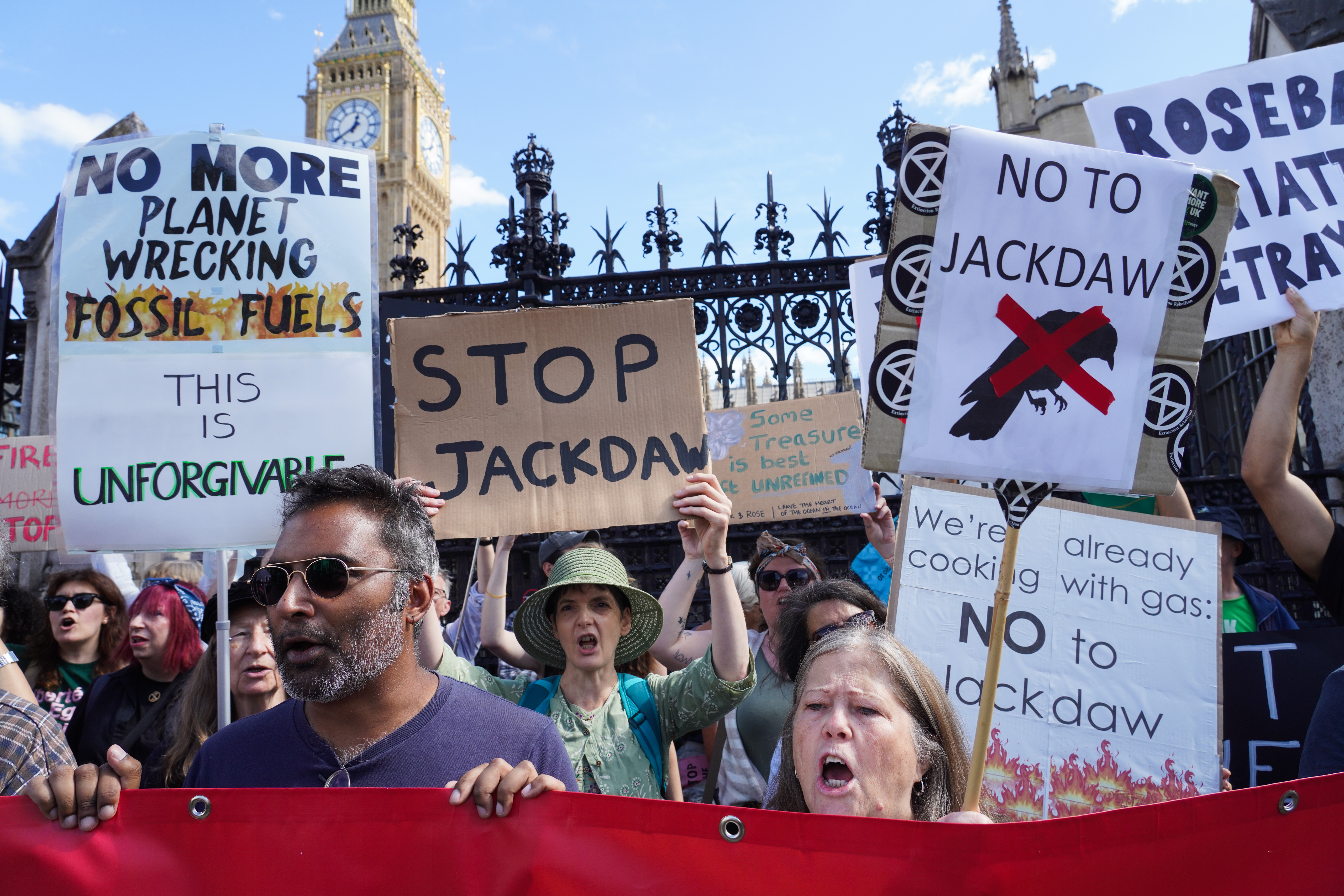 Climate activists protest against the possible approval of the oil and gas fields Jackdaw and Rosebank on September 5, 2026.