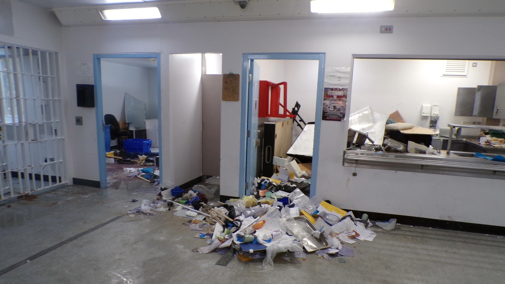 Debris is strewn across the communal areas inside YOI Polmont.